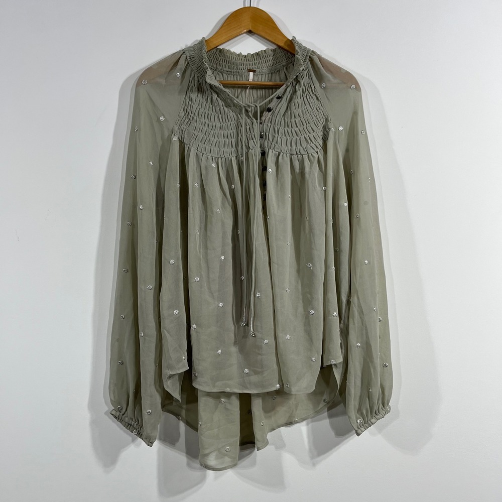 Free People Renfair Sheer Smocked Metallic Polka Dot Peasant Top Womens Large